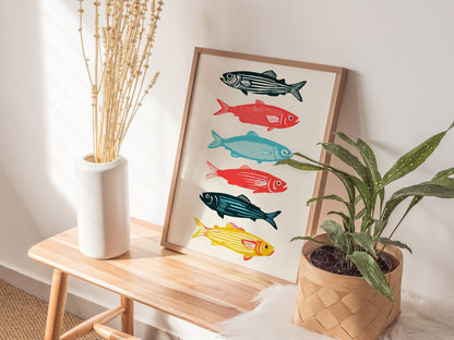 six-swimming-fish Poster | Teal and Coral Screen Print Art Print | Coastal Wall Art — styled in an interior