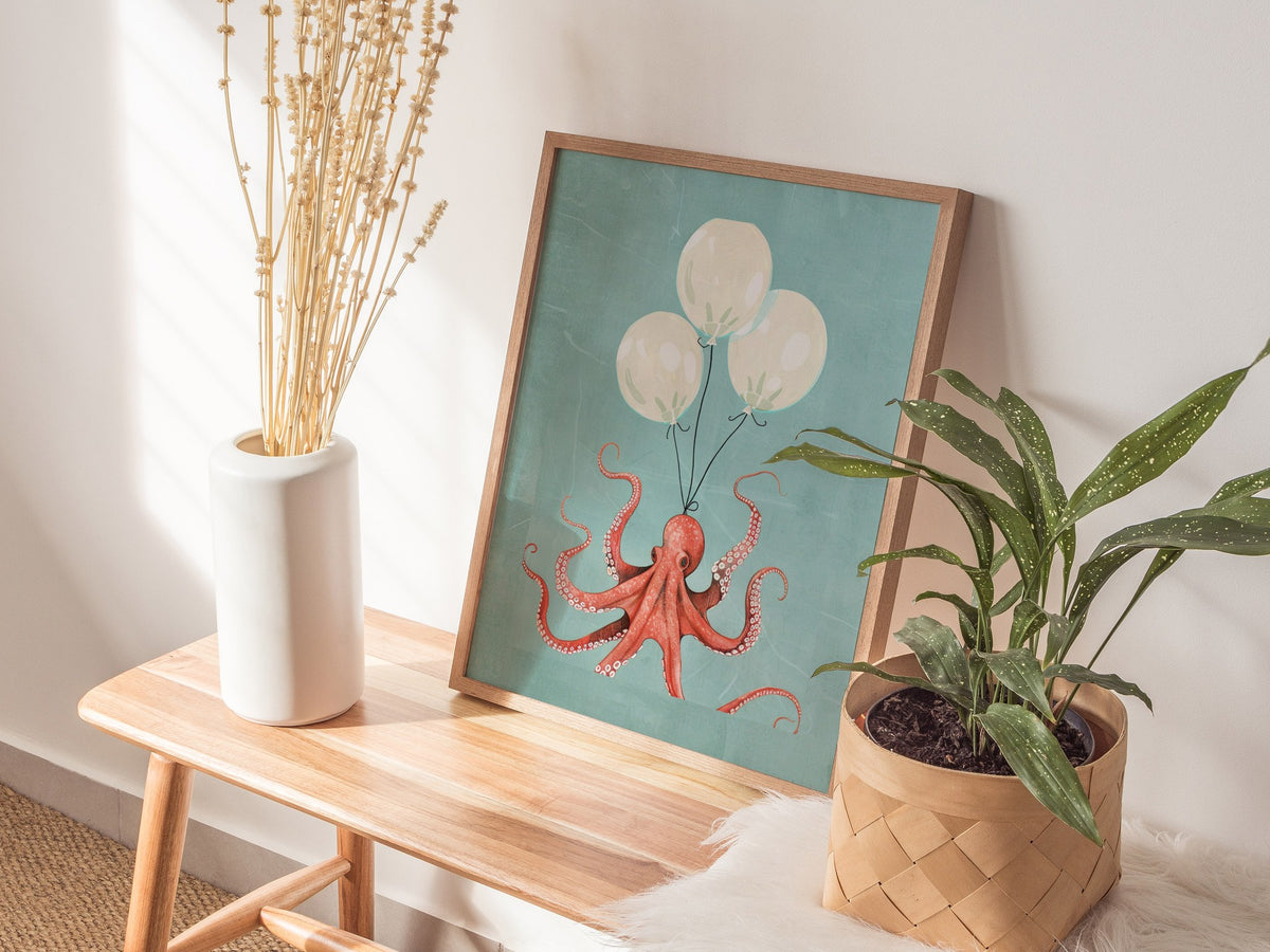Balloon Octopus Poster | Coral and Teal Illustrative Art Print | Surrealist Wall Art — styled in an interior