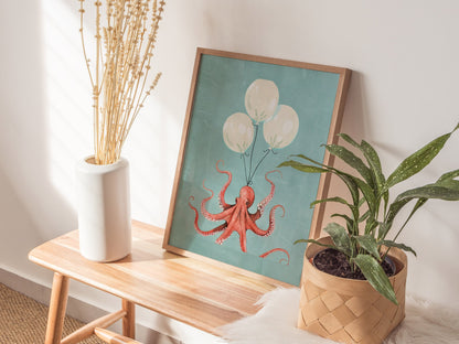 Balloon Octopus Poster | Coral and Teal Illustrative Art Print | Surrealist Wall Art — styled in an interior