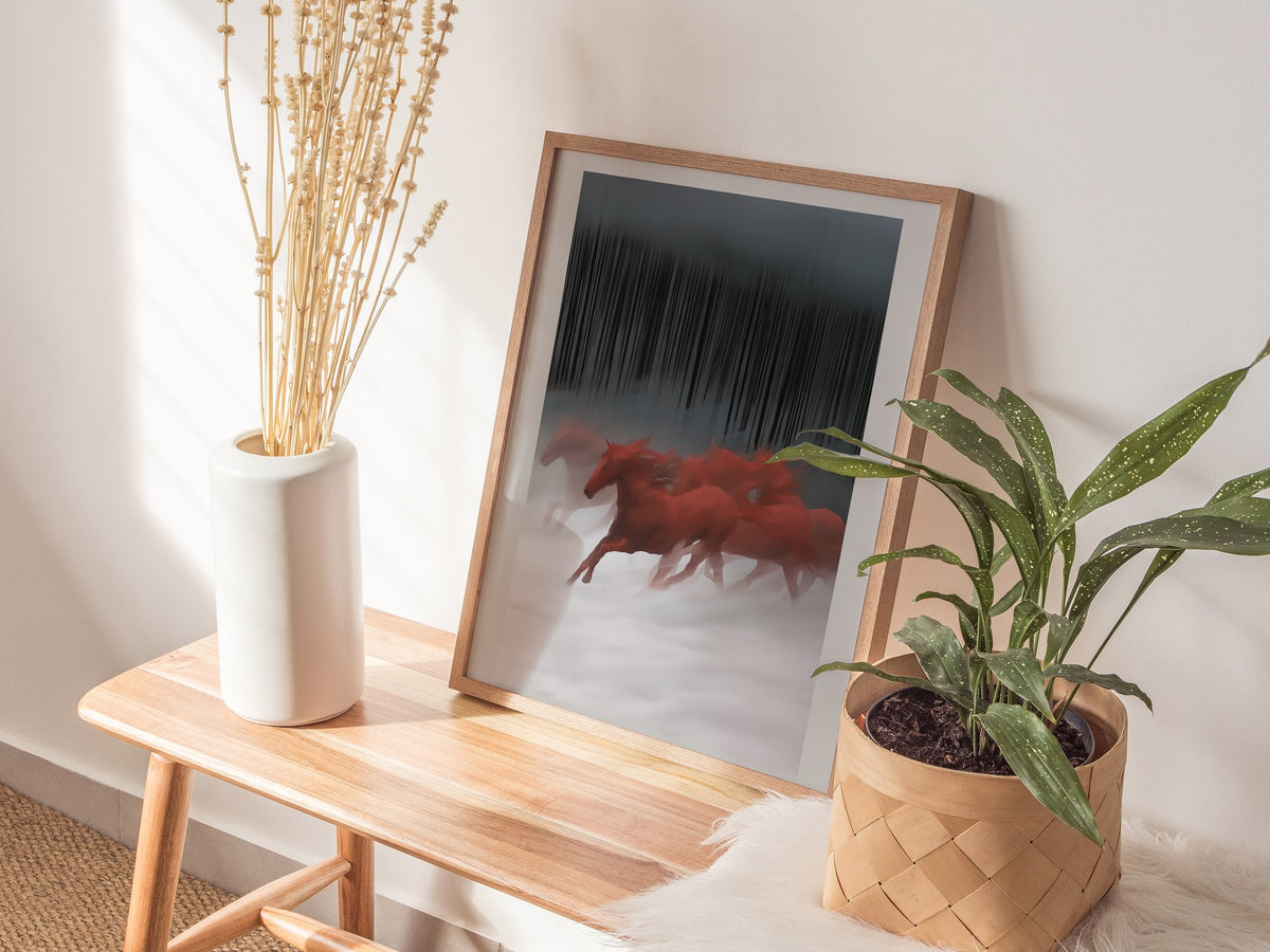 Red Horses Run Poster | Red and Black Watercolor Art Print | Dark Fantasy Wall Art — styled in an interior