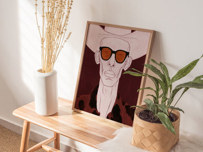 Cowboy Behind Shades Poster | Burgundy Red Illustrative Art Print | Western Gothic Wall Art — styled in an interior