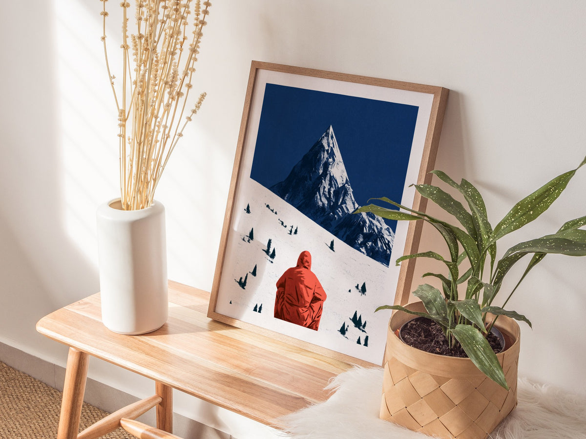 Alone Before Summit Poster | Pink and Cobalt Illustrative Art Print | Adventure Wall Art — styled in an interior