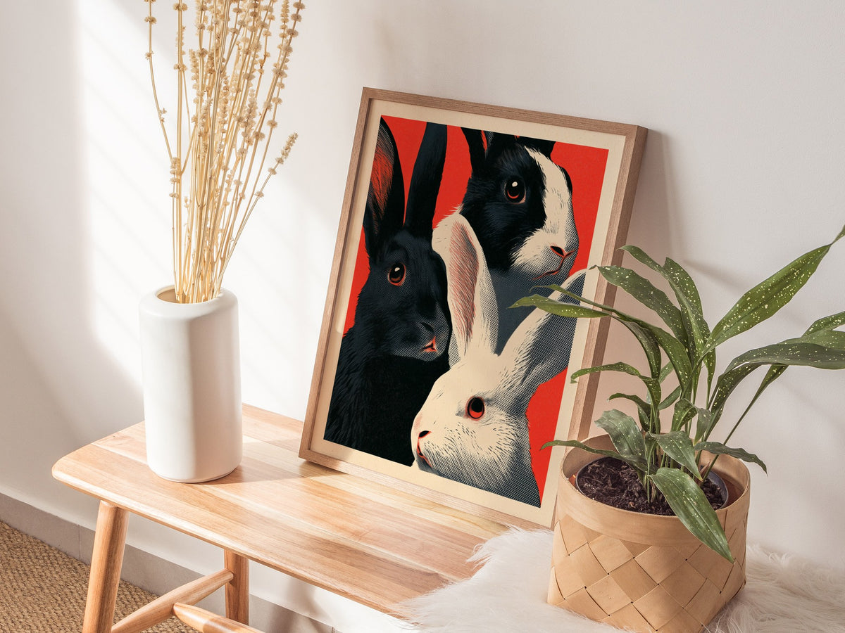 Tuxedo Rabbits Yellow Poster | Mustard and Black Screen Print Art Print | Animal Advocacy Wall Art — styled in an interior