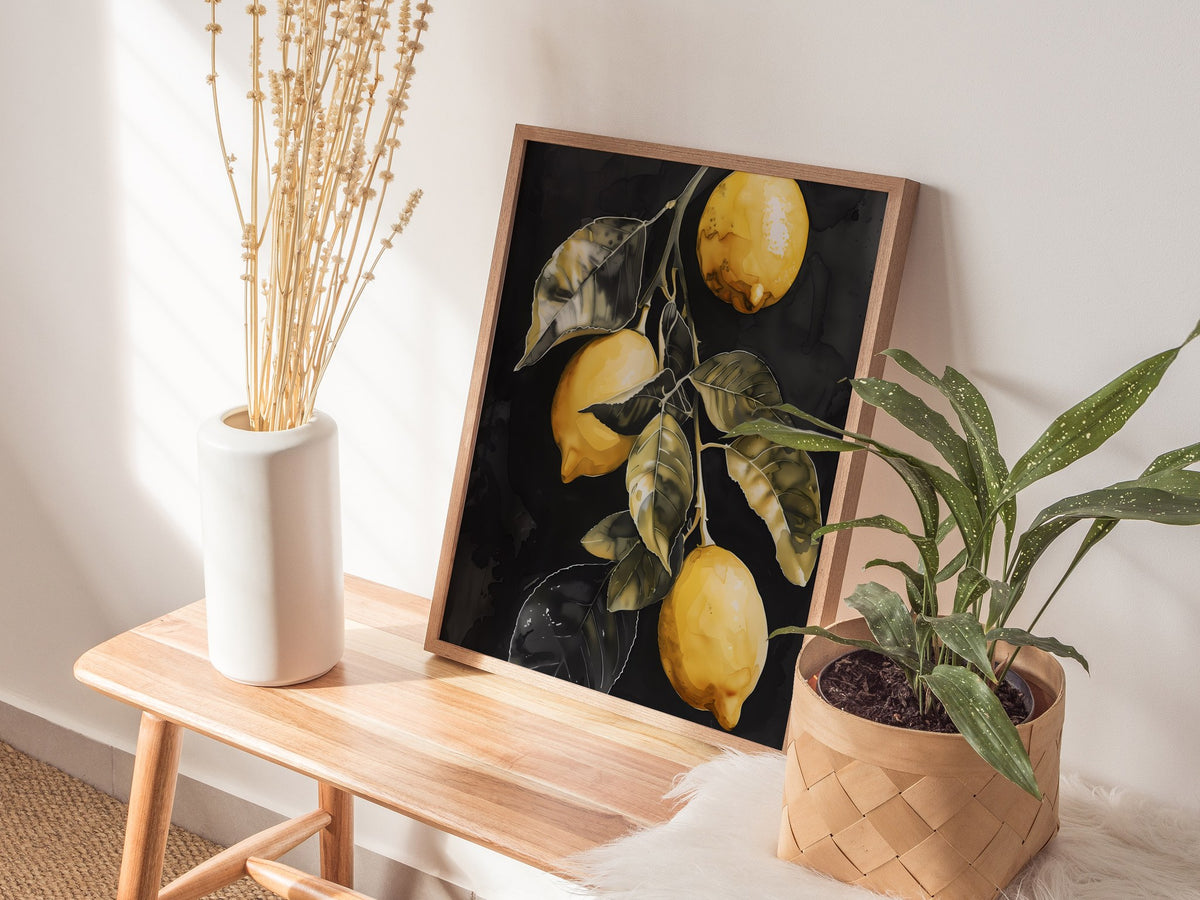 Three Lemons on Black Poster | Yellow and Black Japanese Watercolor Art Print | Kitchen Wall Art — styled in an interior