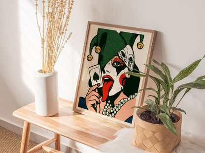Joker Licks Ace Poster | Green and Red Screen Print Art Print | Dark Fantasy Wall Art — styled in an interior