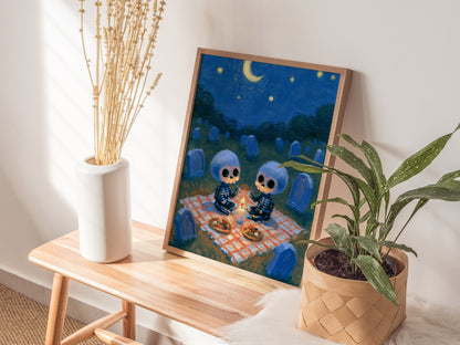 Skeleton Picnic Poster | Cobalt and Red Oil Painting Art Print | Goth Wall Art — styled in an interior