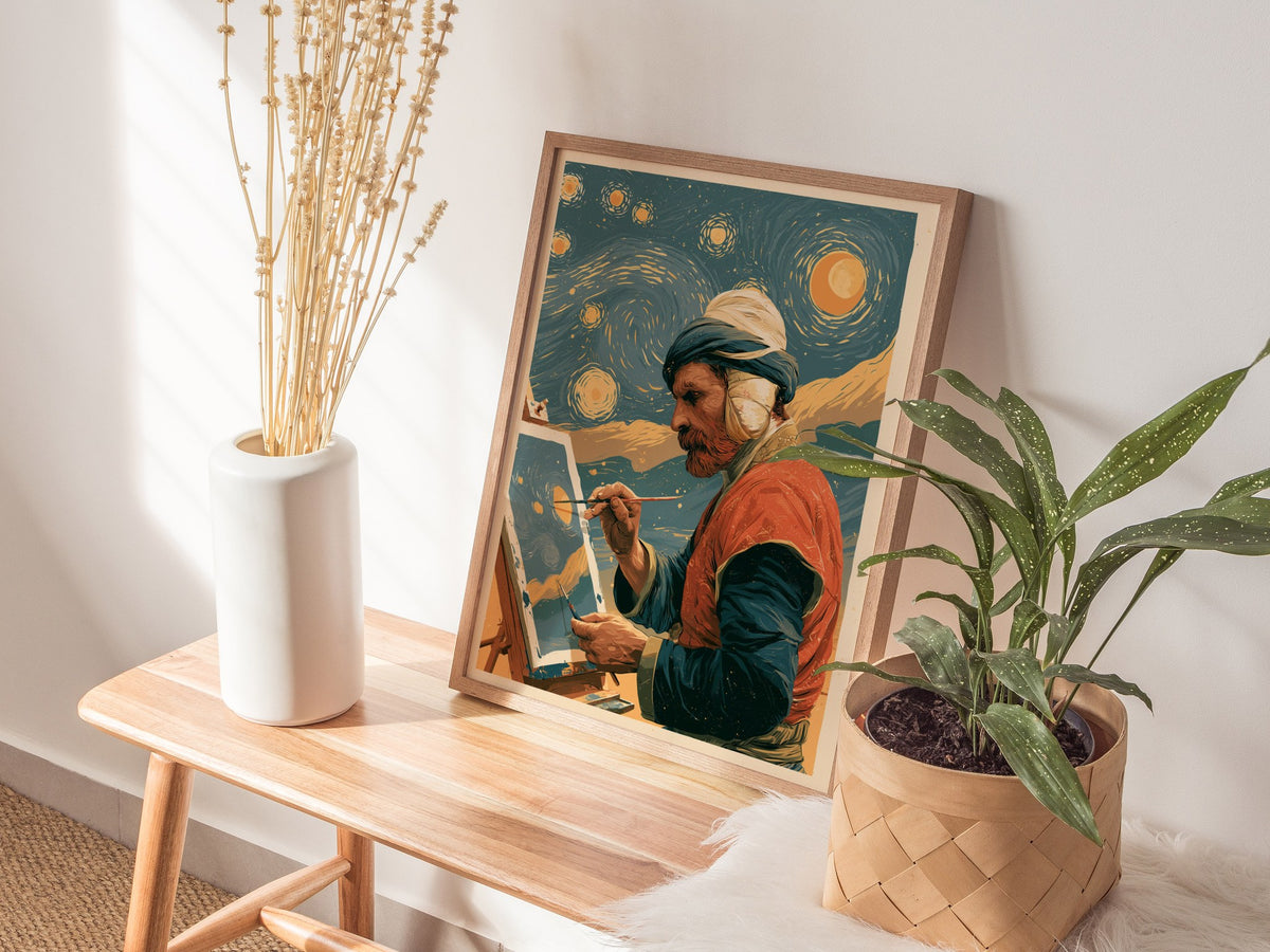 Van Gogh Paints Stars Poster | Teal and Amber Illustrative Art Print | Art History Wall Art — styled in an interior
