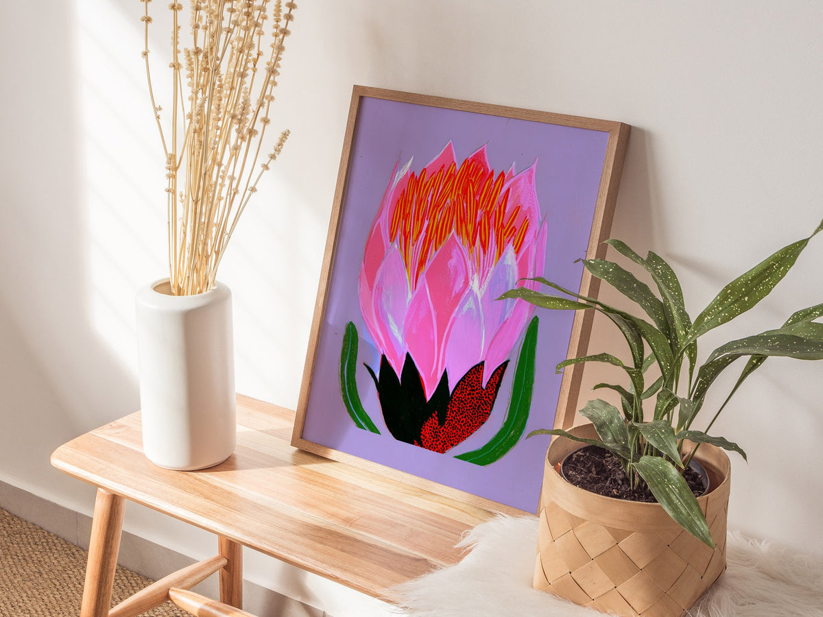 Flower Erupts Purple Poster | Pink and Lavender Illustrative Art Print | Botanical Wall Art — styled in an interior