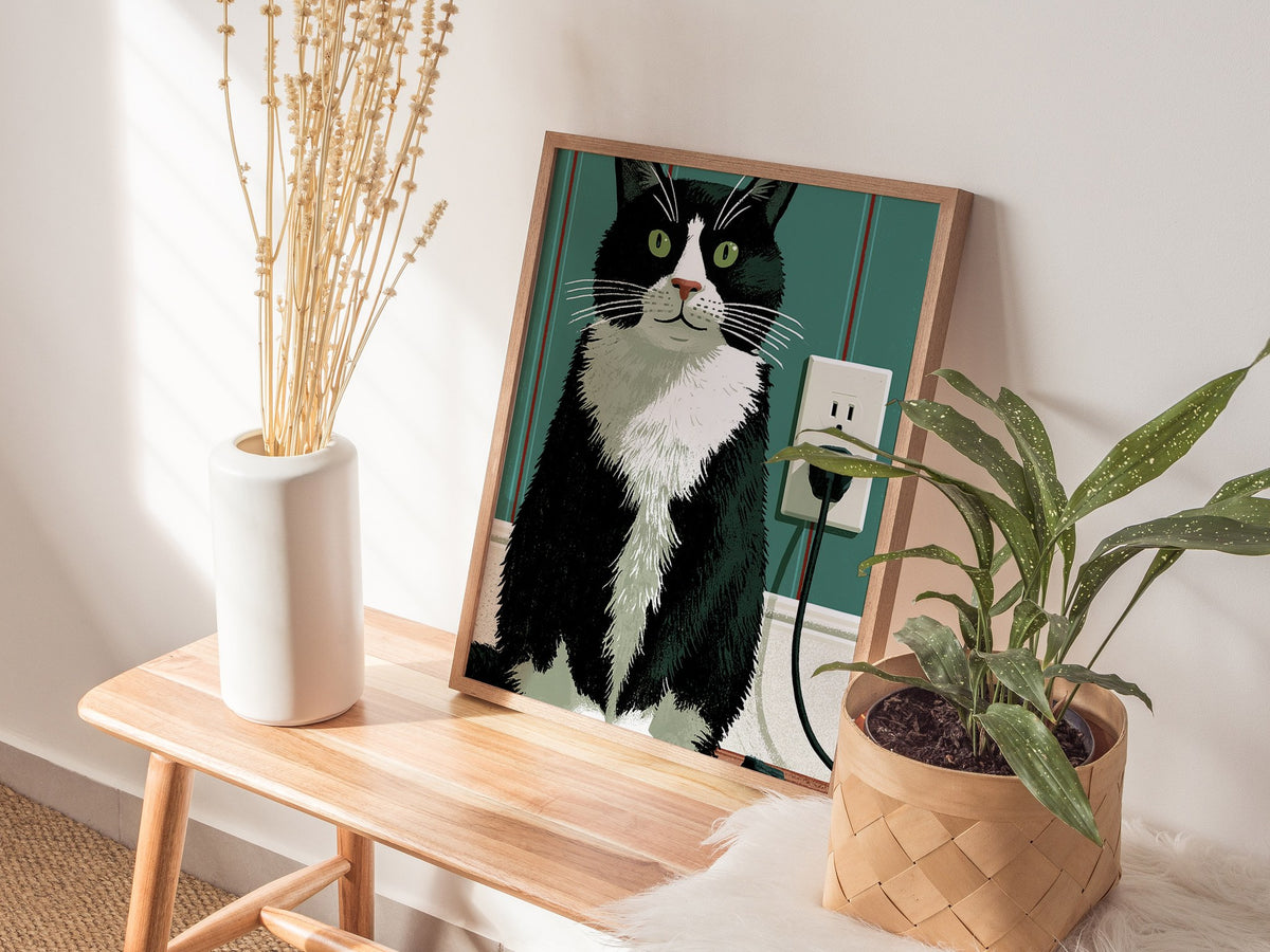 Tuxedo Cat Unplugged Poster | Sage and Cream Illustrative Art Print | Cat Lover Wall Art — styled in an interior