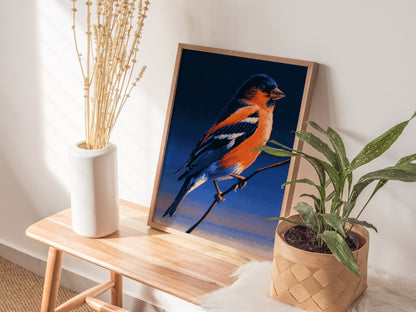 Bullfinch Burning Blue Poster | Navy and Orange Pixel Art Print | Retro Gaming Wall Art — styled in an interior