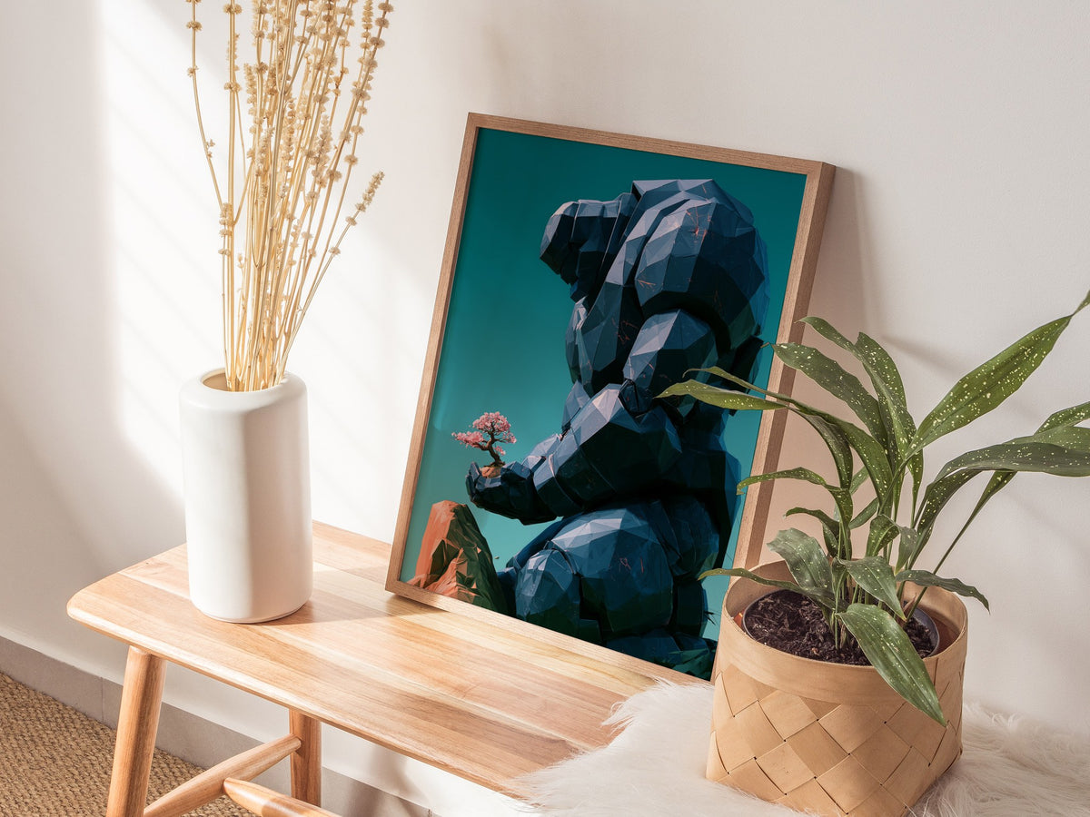Golem Tends Blossom Poster | Navy and Teal Low Poly Art Print | Sci-Fi Wall Art — styled in an interior