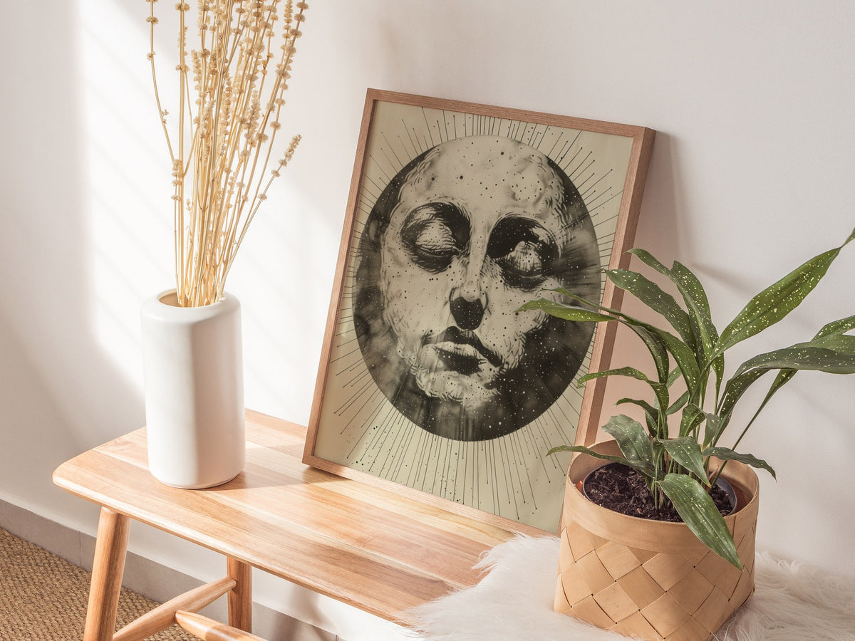 Ink Sun Face Poster | Black and Cream Pen and Ink Art Print | Dark Academia Wall Art — styled in an interior