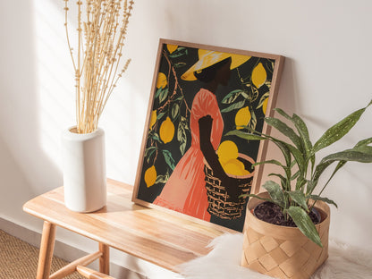 Woman Carries Lemons Poster | Yellow and Coral Screen Print Art Print | Kitchen Wall Art — styled in an interior