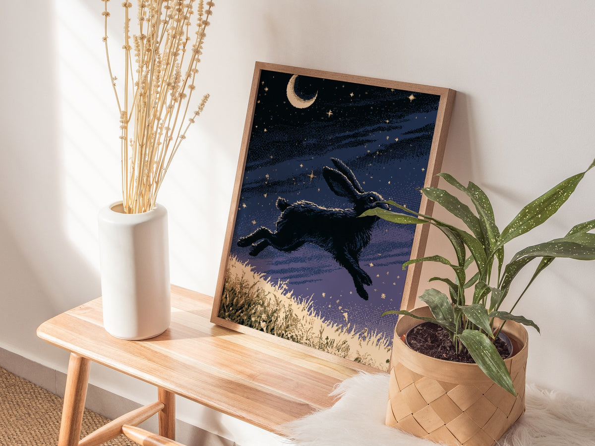 Hare Carries Night Poster | Indigo and Gold Pixel Art Print | Retro Gaming Wall Art — styled in an interior