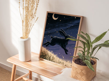 Hare Carries Night Poster | Indigo and Gold Pixel Art Print | Retro Gaming Wall Art — styled in an interior