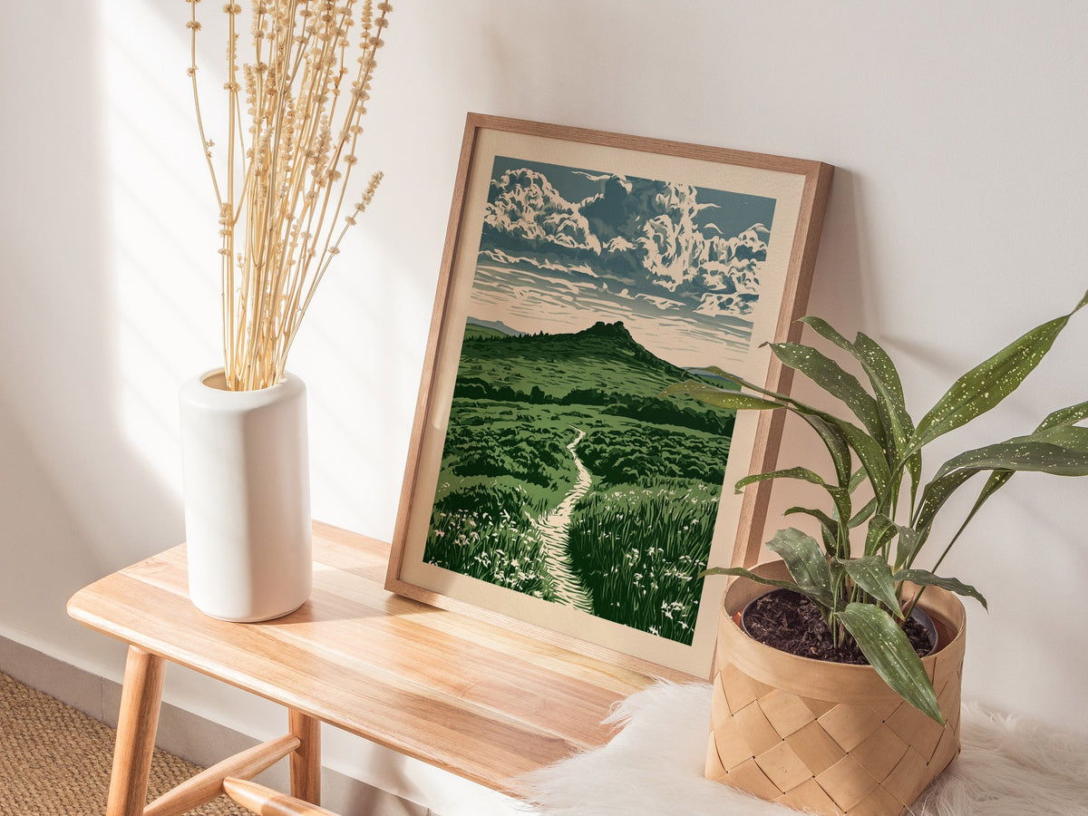 Moorland Cloud Tower Poster | Green and Cream Screen Print Art Print | Nature Lover Wall Art — styled in an interior
