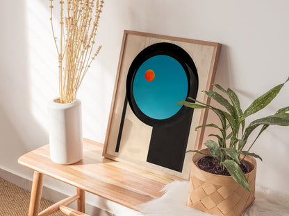 Circular Window Portal Poster | Cobalt and Orange Minimalism Art Print | Minimalist Wall Art — styled in an interior