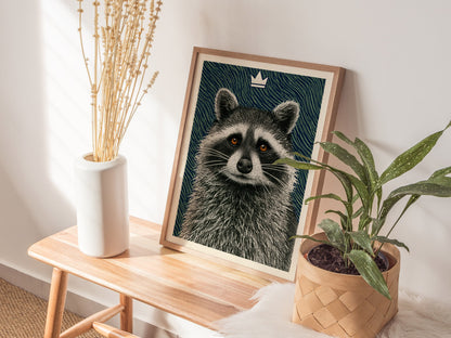 Raccoon Rules Stars Poster | Navy and Green Pen and Ink Art Print | Dark Academia Wall Art — styled in an interior