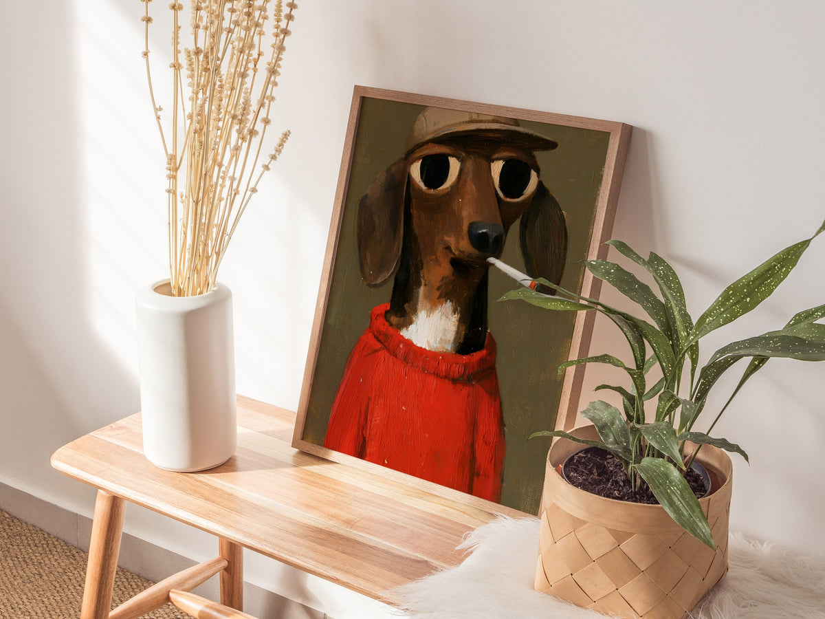 Dachshund In Red Poster | Red and Olive Oil Painting Art Print | Folk Art Wall Art — styled in an interior