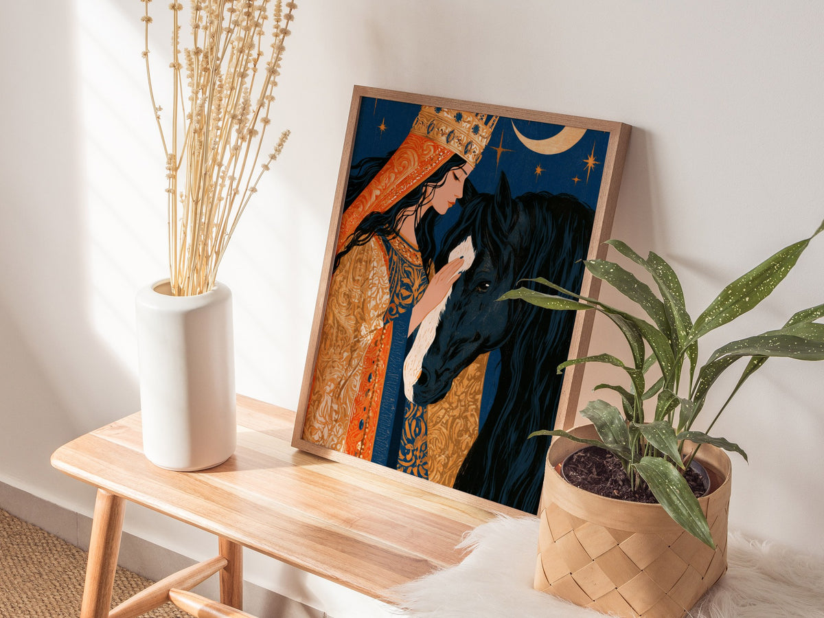 Queen Greets Night Poster | Gold and Midnight Illustrative Art Print | Dark Fantasy Wall Art — styled in an interior