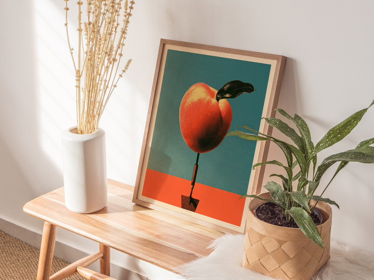 Trowel and Peach Poster | Teal and Orange Screen Print Art Print | Kitchen Wall Art — styled in an interior