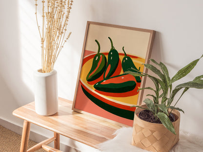 peppers-on-yellow-plate Poster | Yellow and Red Illustrative Art Print | Kitchen Wall Art — styled in an interior