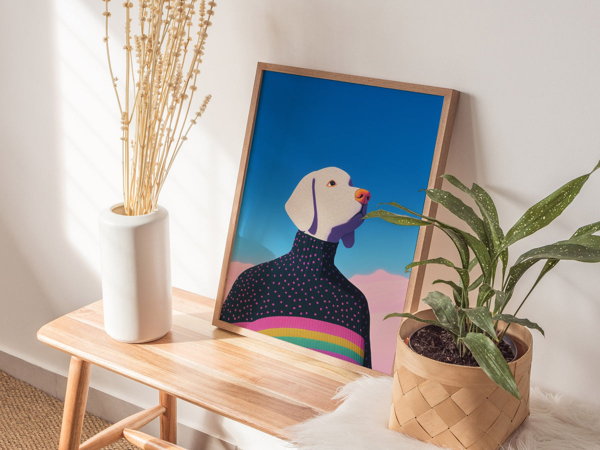 Rainbow Dog Sweater Poster | Kids Art Print — styled in an interior