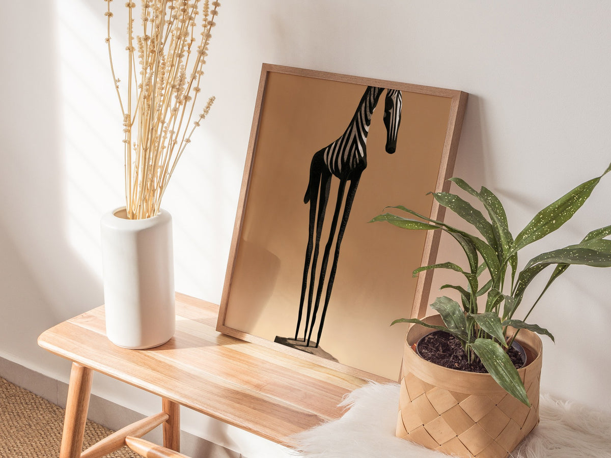 Iron Zebra Stands Poster | Black and Tan Illustrative Art Print | Minimalist Wall Art — styled in an interior