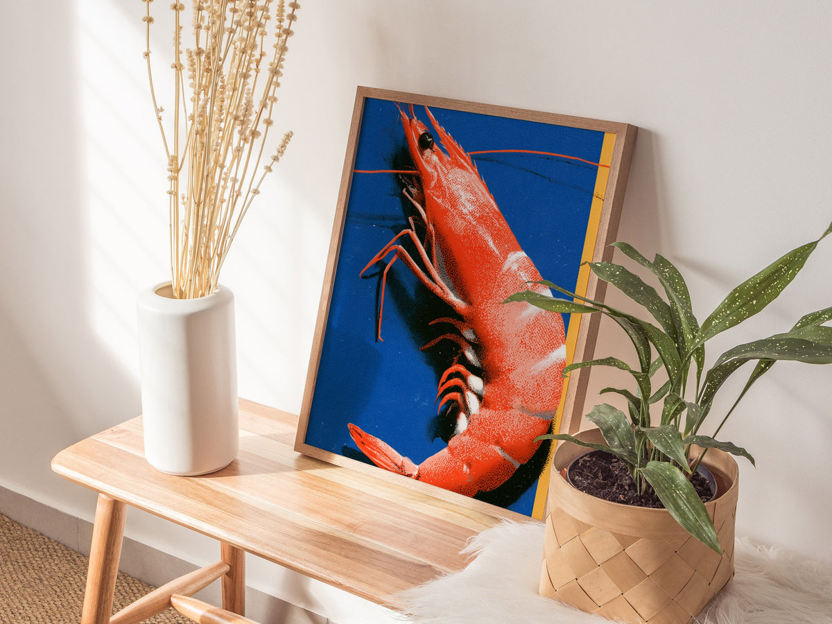 prawn-on-blue Poster | Blue and Orange Screen Print Art Print | Kitchen Wall Art — styled in an interior