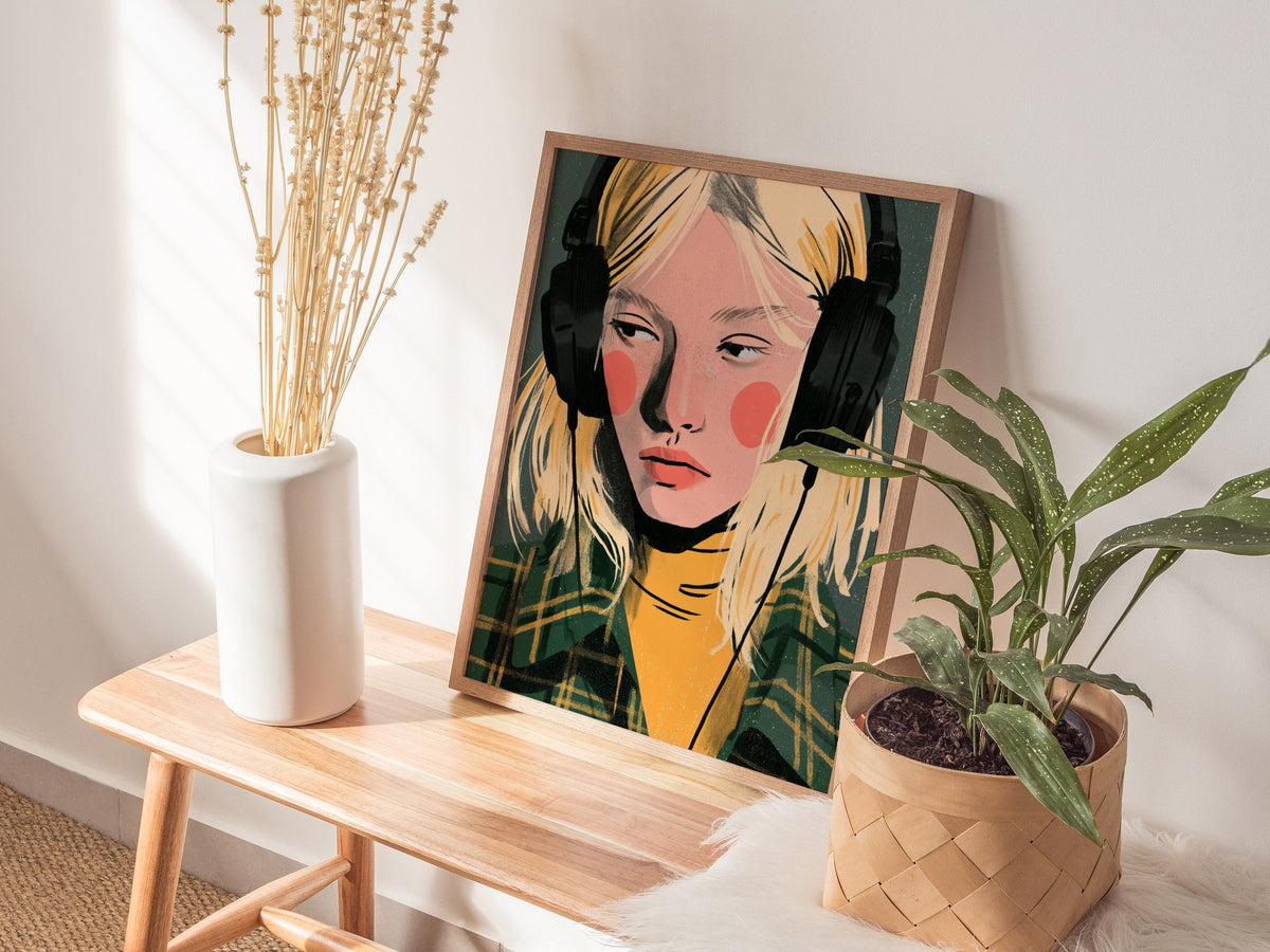 Headphone Hours Poster | Green and Gold Illustrative Art Print | Music Lovers Wall Art — styled in an interior
