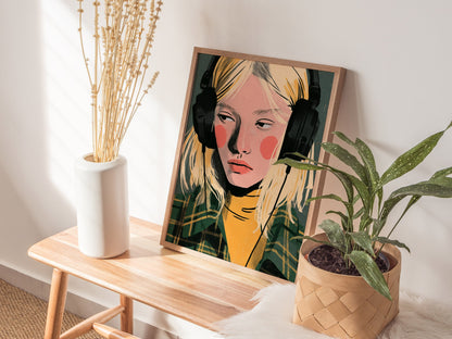 Headphone Hours Poster | Green and Gold Illustrative Art Print | Music Lovers Wall Art — styled in an interior