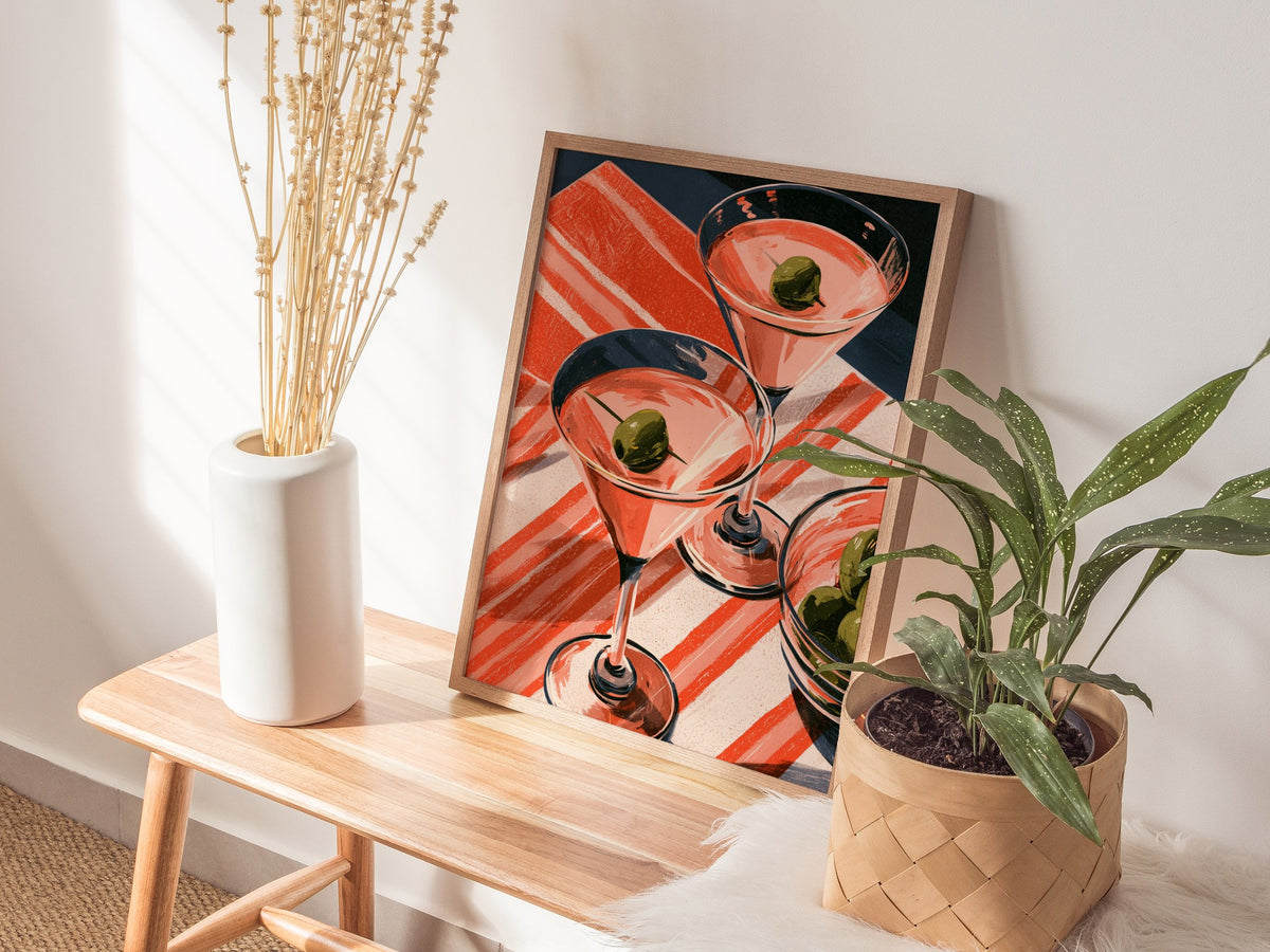 Striped Martini Still Life Poster | Red and Pink Illustrative Art Print | Kitchen Wall Art — styled in an interior