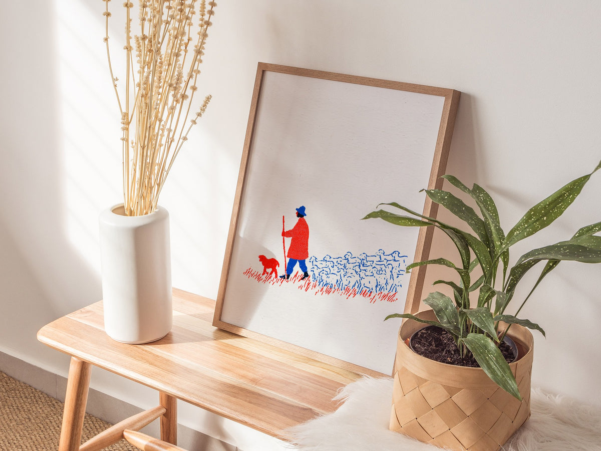 Shepherd Leads Home Poster | Red and Blue Screen Print Art Print | Nursery Wall Art — styled in an interior