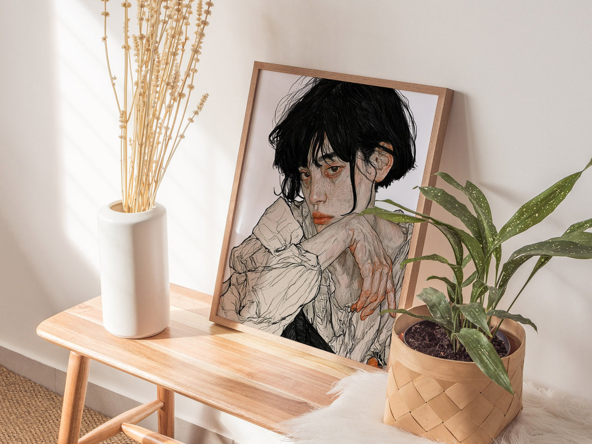 resting-hands Poster | Black and White Pen and Ink Art Print | Dark Academia Wall Art — styled in an interior
