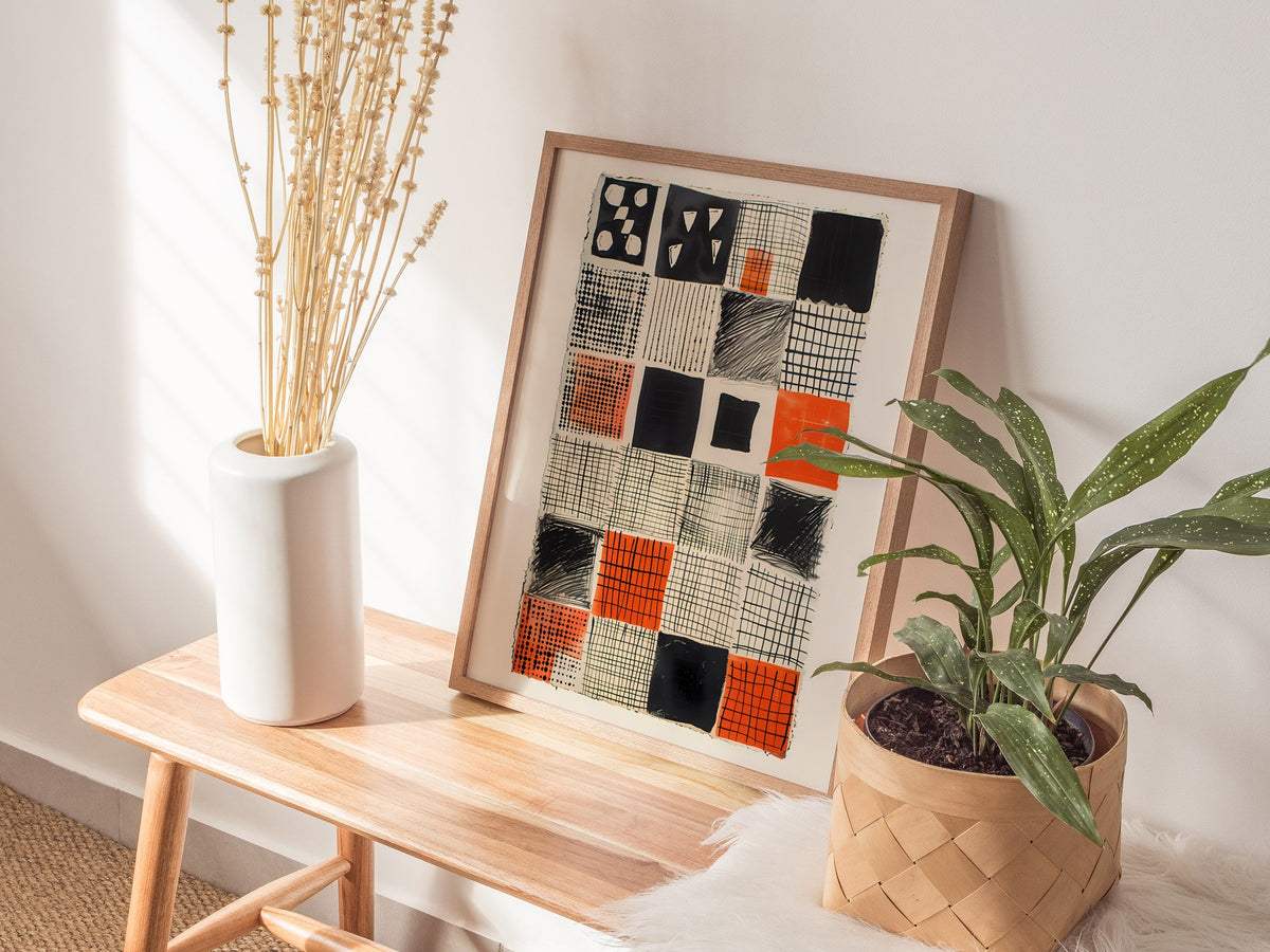 Obsessive Grid Poster | Black and Burnt Abstract Art Print | Minimalist Wall Art — styled in an interior