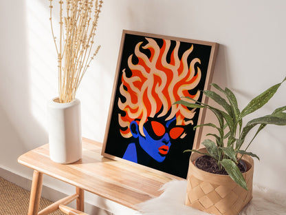 Modern Medusa Poster | Blue and Orange Illustrative Art Print — styled in an interior