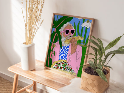 Pizza Garden Poster | Pink and Sky Illustrative Art Print | Surreal Kitchen Wall Art — styled in an interior