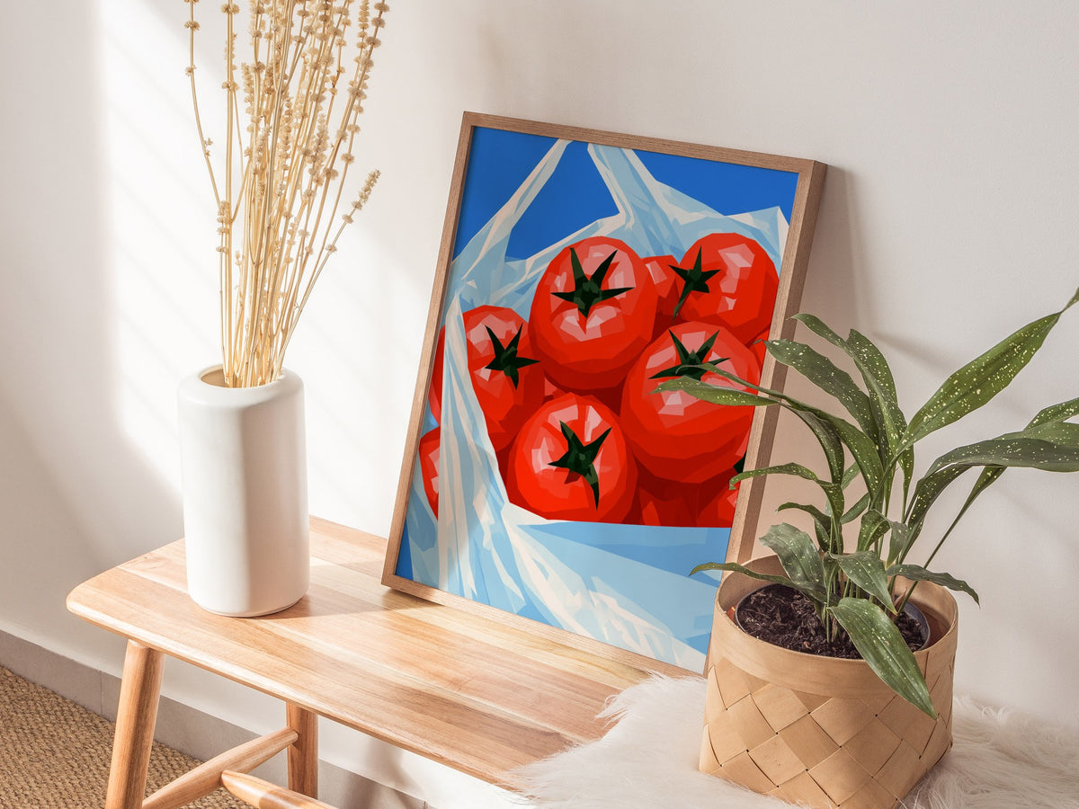Tomatoes Coming Home Poster | Cobalt and Red Low Poly Art Print | Kitchen Wall Art — styled in an interior