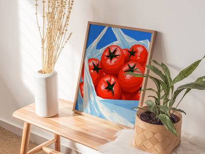 Tomatoes Coming Home Poster | Cobalt and Red Low Poly Art Print | Kitchen Wall Art — styled in an interior