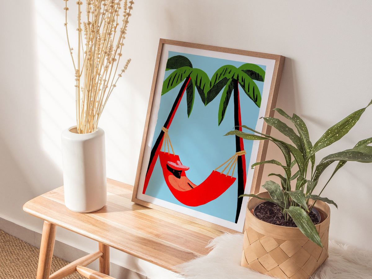 Hammock Afternoon Poster | Blue and Emerald Screen Print Art Print | Tropical Wall Art — styled in an interior