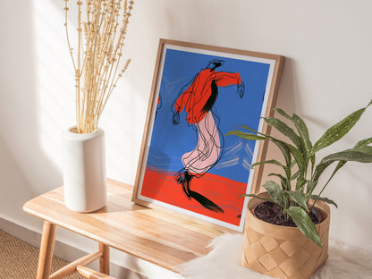 Dancer Kicks Blue Poster | Blue and Red Illustrative Art Print | Dance Wall Art — styled in an interior