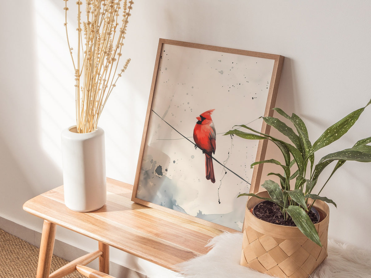 Cardinal on Wire Poster | Crimson and Grey Japanese Watercolor Art Print | Minimalist Wall Art — styled in an interior