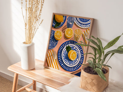 Lemon Table Poster | Cobalt and Ochre Illustrative Art Print | Kitchen Wall Art — styled in an interior
