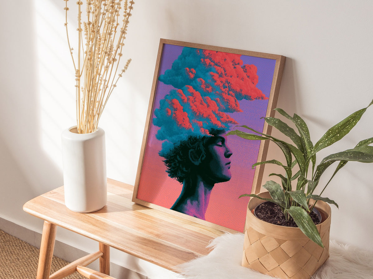 Cloud Mind Floats Poster | Coral and Turquoise Pixel Art Print | Retro Gaming Wall Art — styled in an interior