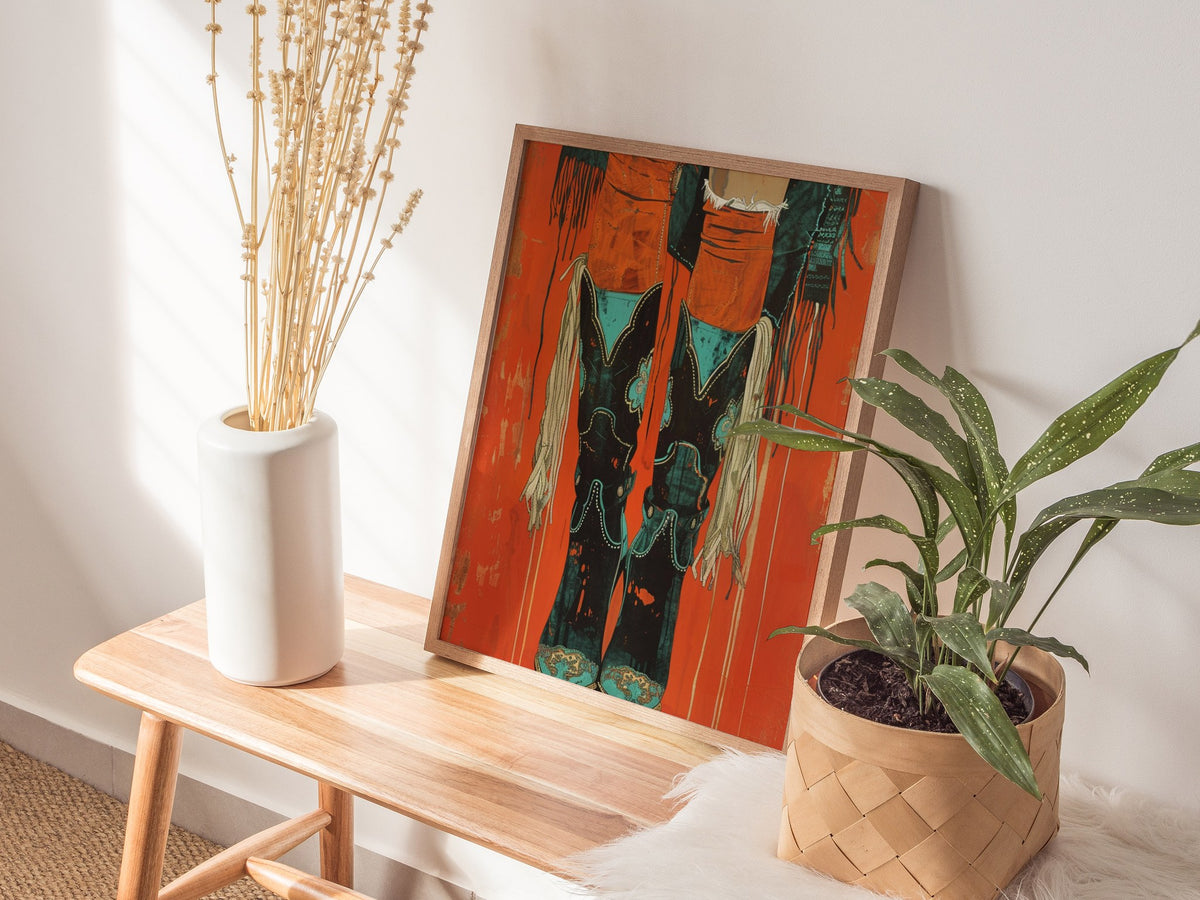 Cowgirl Boots Up Poster | Rust and Turquoise Matisse Style Art Print | Western Wall Art — styled in an interior