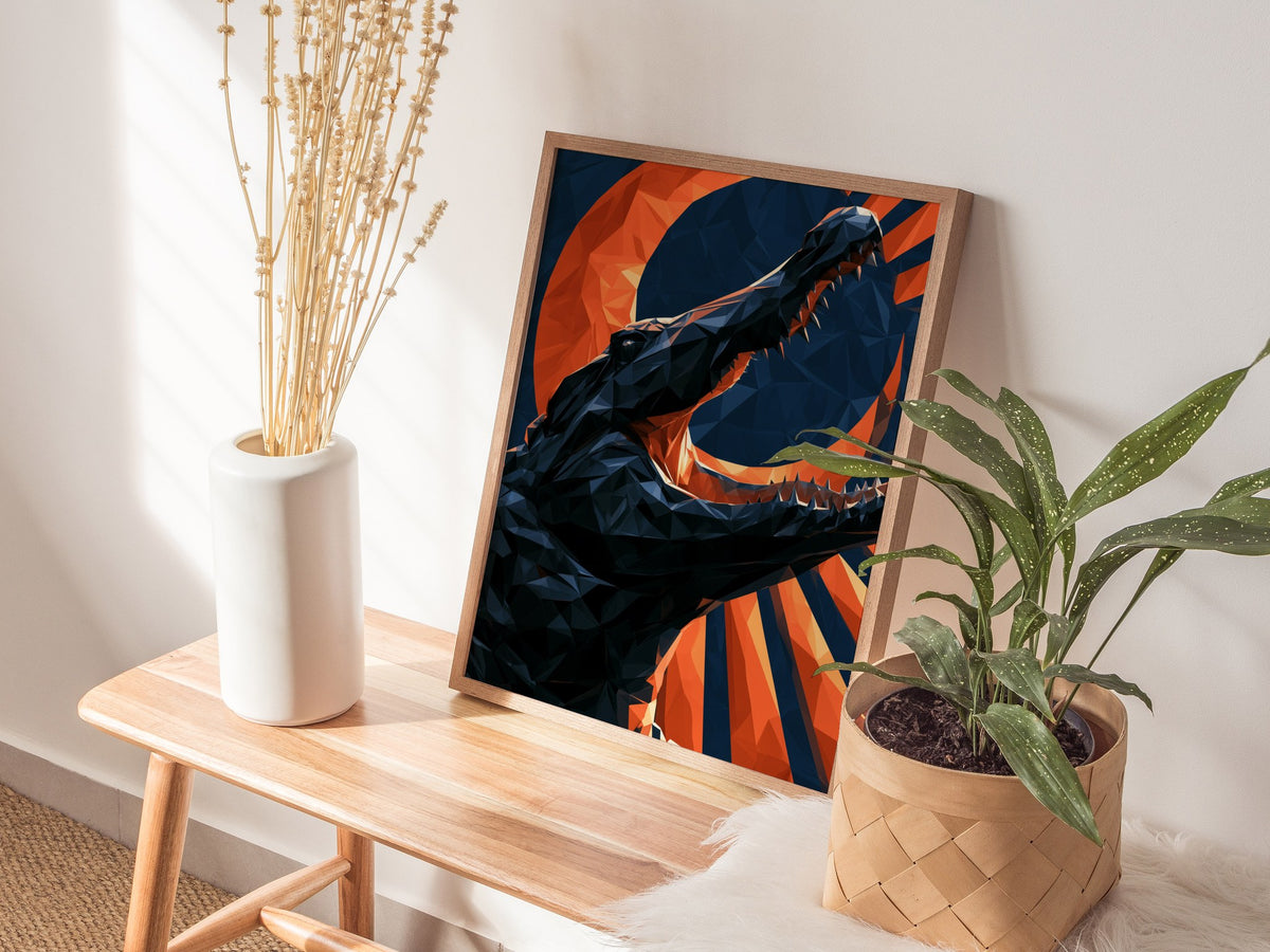 Gator Owns Crescent Poster | Orange and Navy Low Poly Art Print | Dark Fantasy Wall Art — styled in an interior