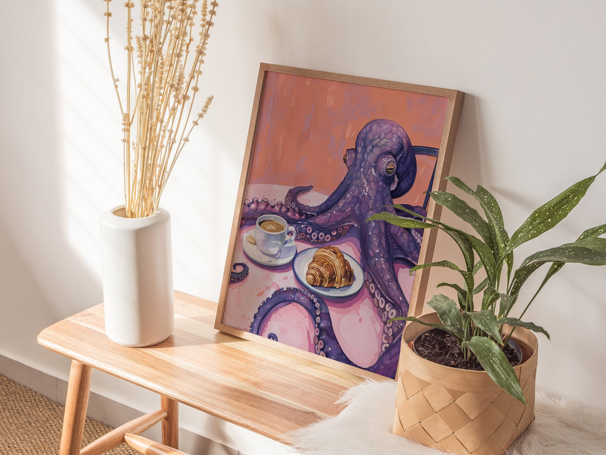 Breakfast Octopus Poster | Purple and Coral Illustrative Art Print | Kitchen Wall Art — styled in an interior