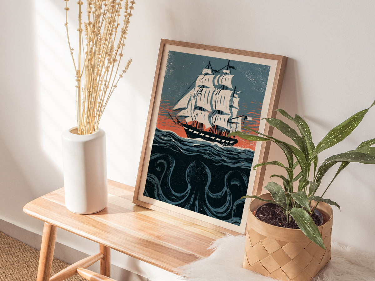 Kraken Under Sail Poster | Teal and Cream Illustrative Art Print | Nautical Folk Art Wall Art — styled in an interior