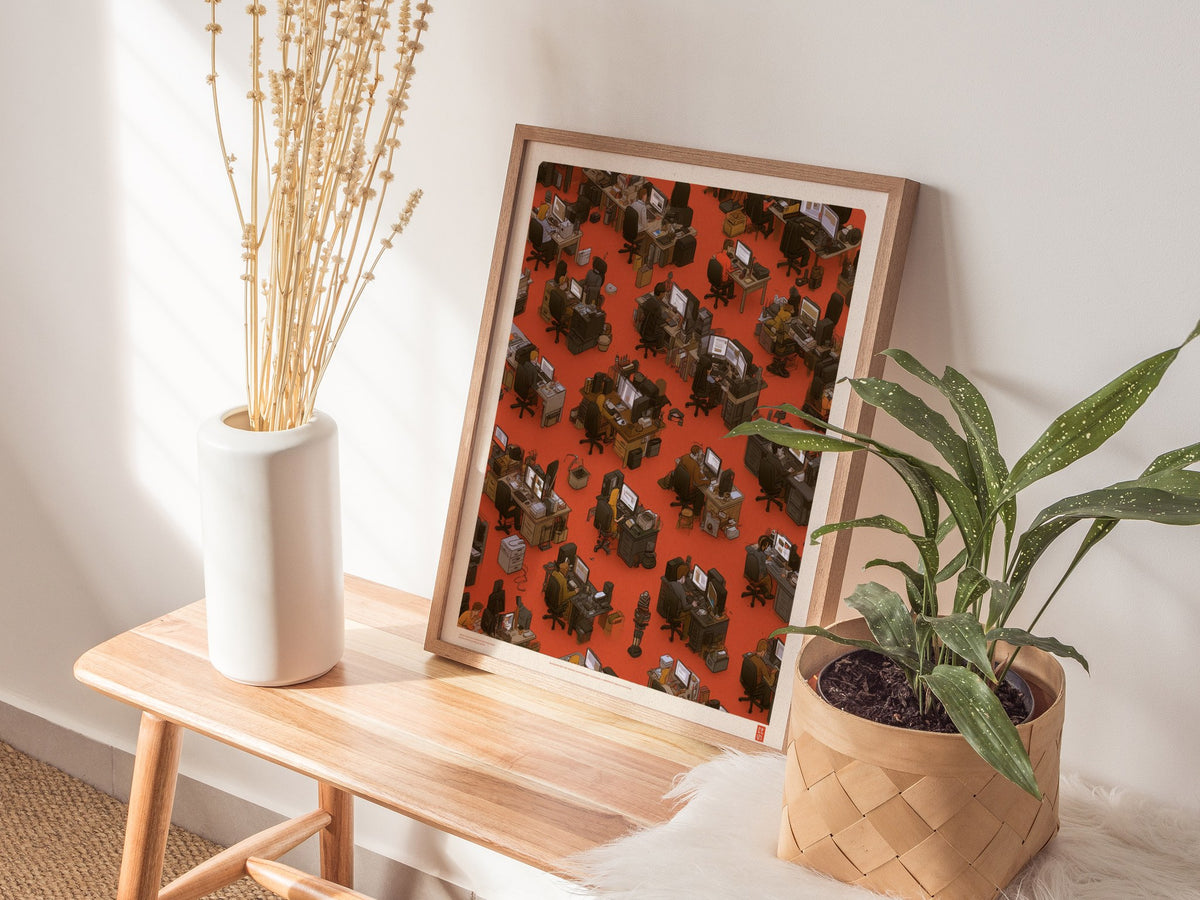 Five at Screens Poster | Orange and Pink Illustrative Art Print | Home Office Wall Art — styled in an interior