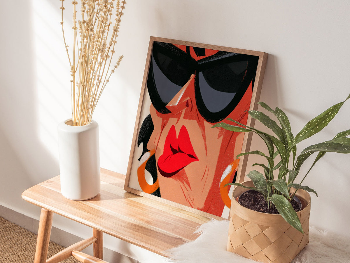 Diva Hides Eyes Poster | Coral and Black Illustrative Art Print | Pop Art Wall Art — styled in an interior